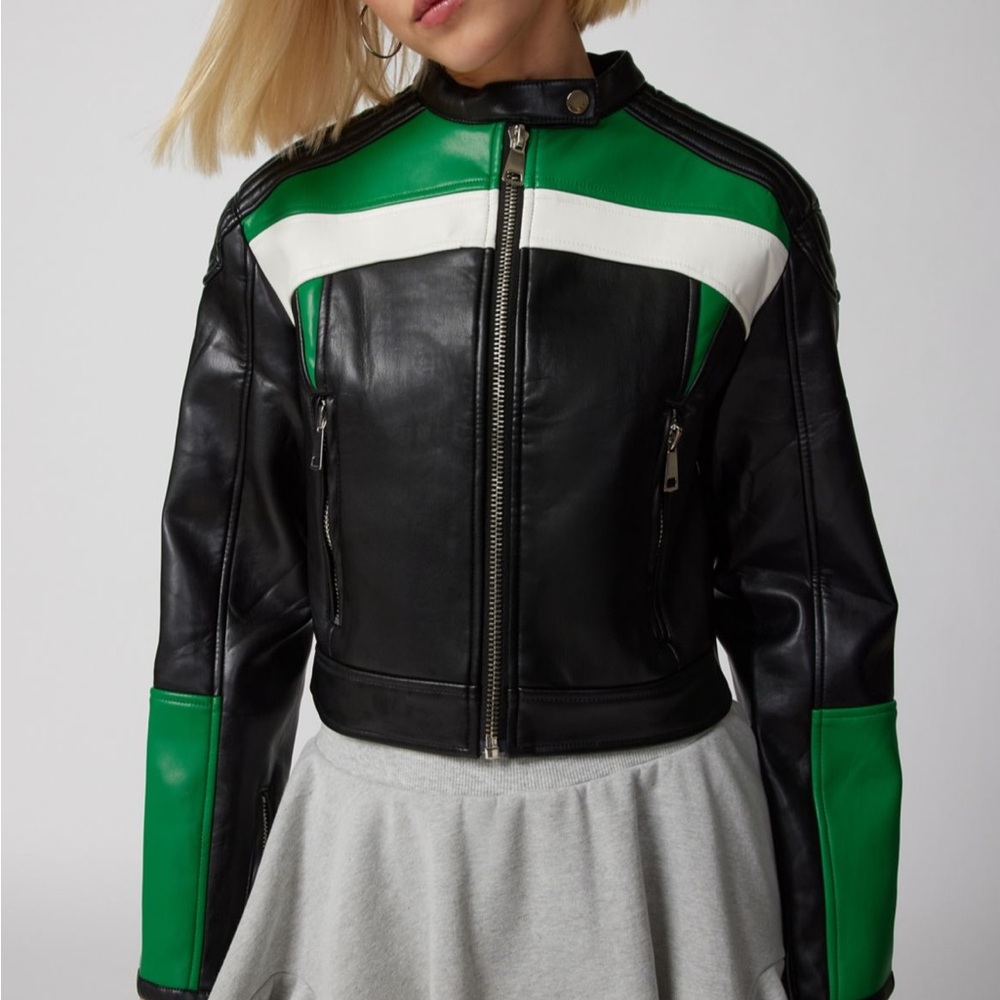 Urban outfitters lioness black and green leather racer jacket